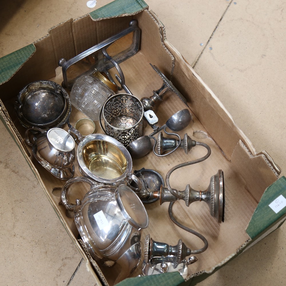 A quantity of silver plated items, to include candelabra, teaware, butter dish etc (boxful)