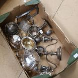 A quantity of silver plated items, to include candelabra, teaware, butter dish etc (boxful)