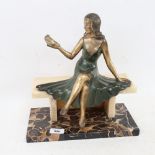 A French Art Deco spelter sculpture, lady sitting on a bench, on veined marble base, unsigned,