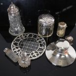 A silver Capstan inkwell, a silver-topped scent bottle, toilet jars, a silver-mounted stand etc