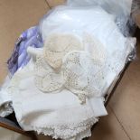 A box of Vintage table linen, including lacework, crochet and embroidered