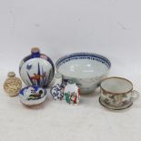Snuff bottles, a blue and white Chinese bowl, and a flask
