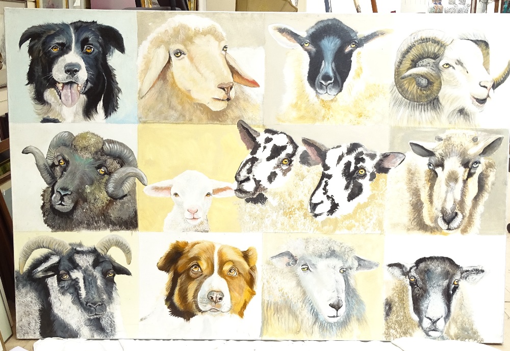 Clive Fredriksson, large oil on canvas, studies of farm animals, 122cm x 183cm