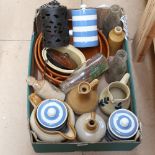 A box of kitchenalia, including Cornish Ware jars, stoneware jugs etc