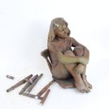 Walter Awlson (Scottish born 1949), Raku glaze ceramic sculpture, nude lady seated on a chair,