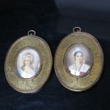 2 Vintage miniature watercolour portraits, in engraved brass frames, overall height 9cm (2)