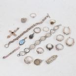 Various silver jewellery, including Egyptian pendant, coin bracelet, enamel propeller brooch etc