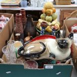 Various Studio pottery, candlesticks, Siamese cat etc (boxful)