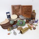 Various collectables, including carved jade elephant, polished hardstone egg, brass and copper-