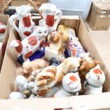 A collection of reproduction Staffordshire mantel Spaniels, dogs, Imari style cow creamer etc (