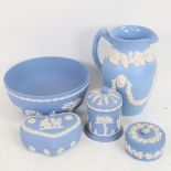 A group of Royal Doulton blue and white Jasperware ceramics, including jug, bowl etc