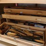 A pine tool chest, containing a large quantity of Vintage carpenter's woodworking tools, including
