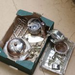 A silver plated muffin dish and cover, a toast rack, a cruet set, a sugar sifter etc (boxful)
