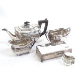 a silver plated 3-piece tea set, a plated cigarette box, and a silver-mounted glass inkwell