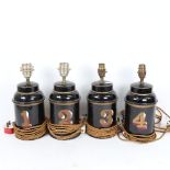 A set of 4 Vintage painted and gilded tea canisters converted to electric lamps, height excluding