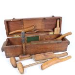 Various Vintage hand carved mallets, paddles, a Sorby spirit level, in hardwood box