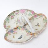 A 19th century hand painted ceramic hors d'oeuvres serving dish, butterfly and floral decoration,