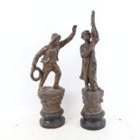 A pair of spelter figural sculptures, unsigned, largest overall height 47cm