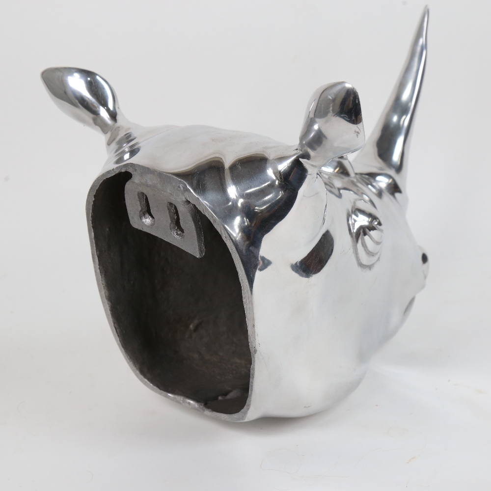 A modern chrome wall-hanging rhinoceros-head sculpture, length 34cm - Image 2 of 2