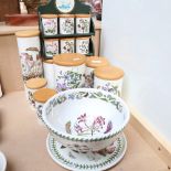 Portmeirion Botanic Garden herb and storage jars, matching fruit bowl, 26cm diameter, and plate