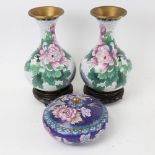 3 pieces of Japanese cloisonne enamel, including a pair of vases and stands, overall height 24cm (3)