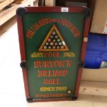 A decorative reproduction Burton's Billiard Hall advertising sign, height 71cm