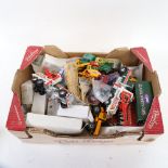 A box of diecast and other cars, including Matchbox, Mousie-Mousie boxed game etc