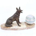 An Art Deco figural Alsatian dog lamp, sectional veined marble base, with spelter figure and