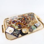 A tray of Vintage and other costume jewellery, to include marcasite clip-on earrings, compact,