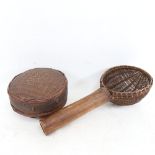 An Oriental bamboo and basket weave ladle, a bentwood 2-section food box, and various loose world