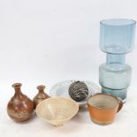 A retro glass vase, 28cm, Studio pottery bottles by Annette Fuchs, and 4 other Studio pottery pieces