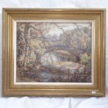 P H Jowett, oil on canvas, bridge over a river, canvas 40cm x 50cm, framed