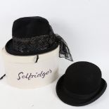 A Vintage Dunn & Co black bowler hat, size 7 1/8, and a lady's black felt dress hat in Selfridges