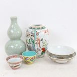 Various Oriental ceramics, including celadon double-gourd vase, famille vert ginger jar (5)