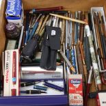 A collection of fountain pens, propelling pencils, dip pens, ink etc