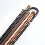 A Chinese bamboo walking cane, horn-handled rosewood cane with silver collar, a silver-topped