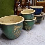 7 various small blue and green glazed garden pots