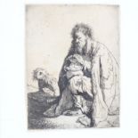 Rembrandt, etching , seated beggar and his dog, 4.25" x 3", framed Trimmed almost to