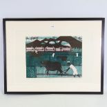 Julian Trevelyan, coloured etching, buffaloes, signed in pencil, no. 28/75, plate 14" x 18.5",