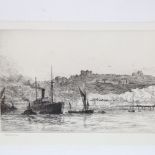 Frank Harding, etching, Dover, signed in pencil, plate 4.5" x 12", framed A few light fox marks