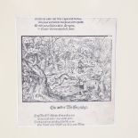 German School, circa 1600, wood engraving depicting a wolf hunt, 5.5" x 5", framed Slight paper