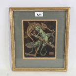 N B Roth, colour woodblock print, iguanas, signed in pencil, image 7.25" x 6", framed Foxing and