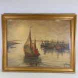 Continental watercolour, fishing harbour scene, indistinctly signed, 26" x 35", framed Slight