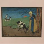 Janet Fisher, colour woodblock print, goatherd with goats, signed in pencil, no. 15/100, image 8"