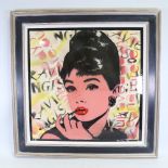 Pietro Psaier, mixed media, Audrey Hepburn, signed in ink, overall frame dimensions 40" x 40" Very