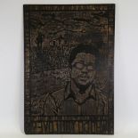 An original hand carved 1950/60s woodblock for Bo Diddley's song "Who Do You Love" 1956, 33" x