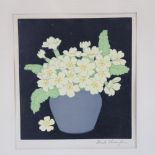 John Paul Thorpe, colour woodblock print, primroses, signed in pencil, image 6.5" x 6", framed