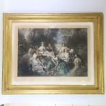 Leon Noelle, 19th century lithograph, group portrait of young ladies, image 23.5" x 33.5", framed