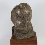 Manolis Tzibonakis, bronze sculpture, abstract head, hardwood stand, overall height 19.5" Good