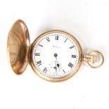 WALTHAM - an early 20th century 9ct gold full hunter pocket watch, white enamel dial with Roman